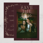 Fancy Tamarinde Burgundy Bloem Foto Retro Bruiloft Save The Date (Voorkant / Achterkant)