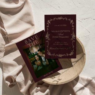 Fancy Tamarinde Burgundy Bloem Foto Retro Bruiloft Save The Date