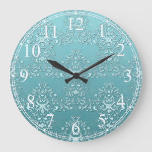 Fancy Teal Aqua Turquoise en Witte Damast Grote Klok