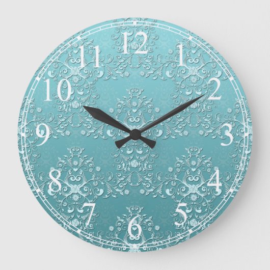 Fancy Teal Aqua Turquoise en Witte Damast Grote Klok (Voorkant)