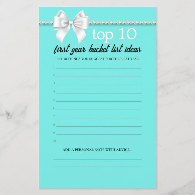 Fancy Tiffany Bucket List Advies Baby shower spel (Voorkant)