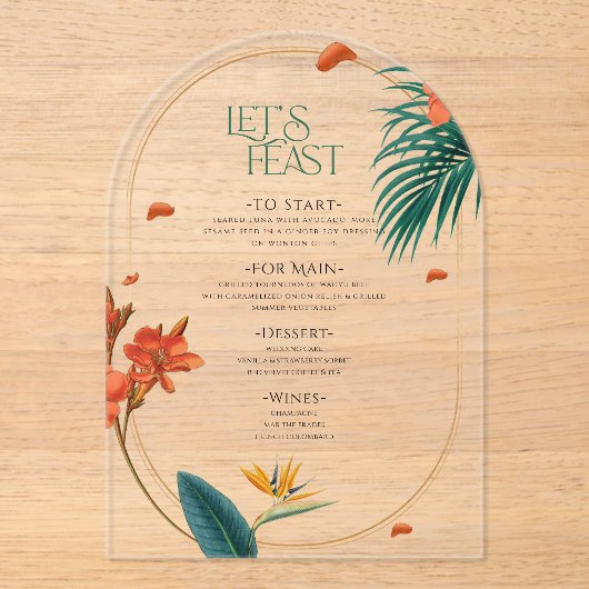 Fancy Tropical Flowers Wedding Menu Acryl Uitnodigingen (Voorkant)
