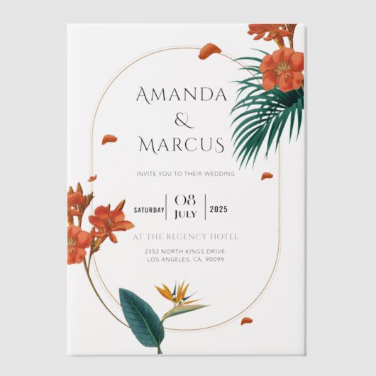 Fancy Tropische Bloemen Bruiloft Vellum Uitnodigingen (Voorkant)