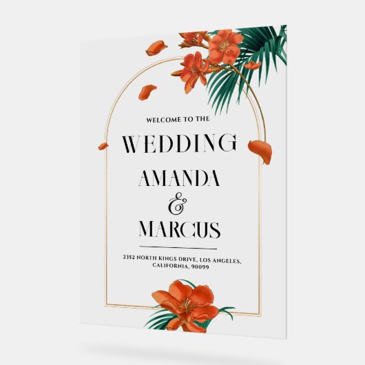 Fancy Tropische Bloemen Bruiloft Welkom Acryl Bord (Hoek)