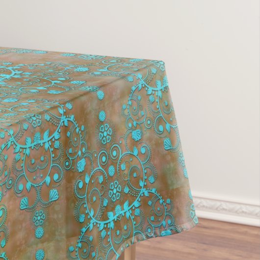 Fancy turquoise boven bruin damast tafelkleed (Voorbeeld)