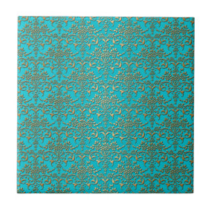 Fancy Turquoise en Gouden Damastpatroon Tegeltje