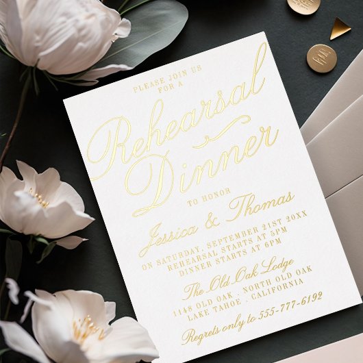 Fancy Typografie Weddenschappen Rehearsal Dinner R Folie Uitnodiging