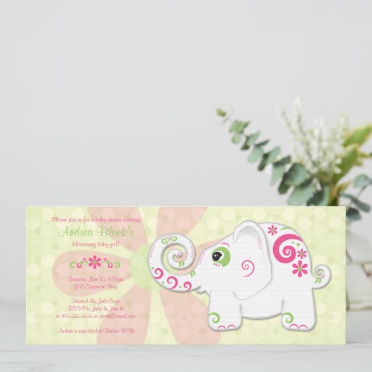 Fancy uitnodiging tot het Baby shower van olifante (Staand voorkant)