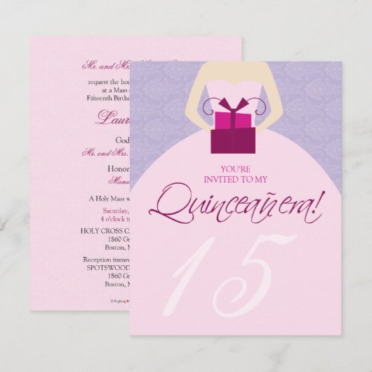 Fancy uitnodiging van Ball Gown Quinceanera (paars (Voorkant / Achterkant)