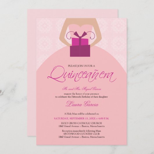 Fancy uitnodiging van Ball Gown Quinceanera (roze) (Voorkant / Achterkant)