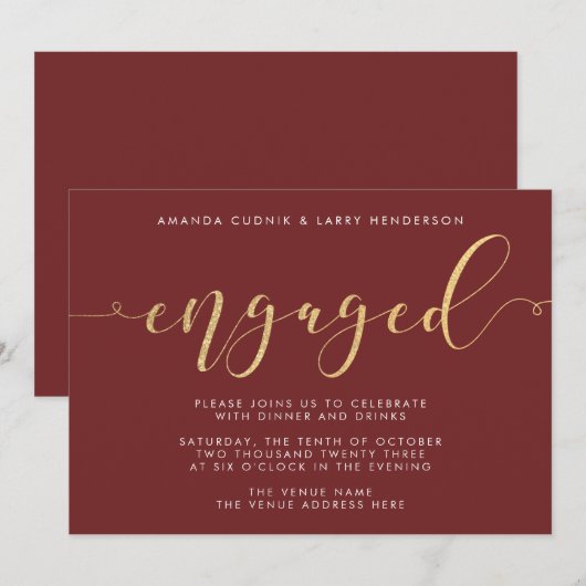 Fancy uitnodiging van de Burgundy & Gold Engagemen (Voorkant / Achterkant)