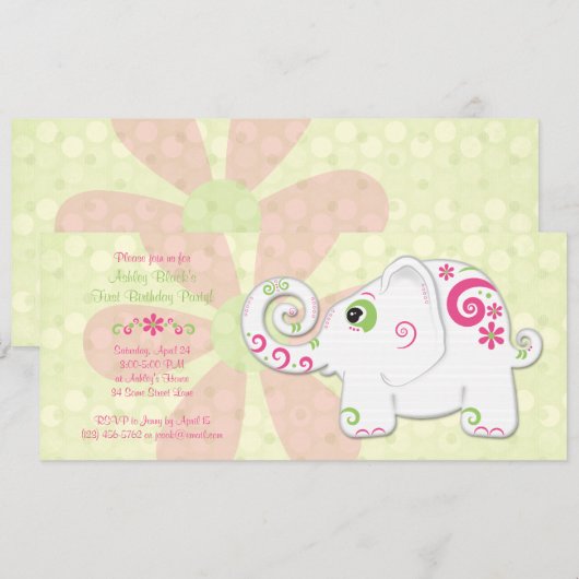 Fancy uitnodiging voor een olifant Birthday (Voorkant / Achterkant)