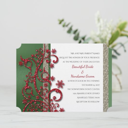 Fancy uitnodiging voor een rood en groen kersthuwe (Staand voorkant)