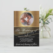 Fancy uitnodiging voor goudfotobruiloft in penseel (Staand voorkant)