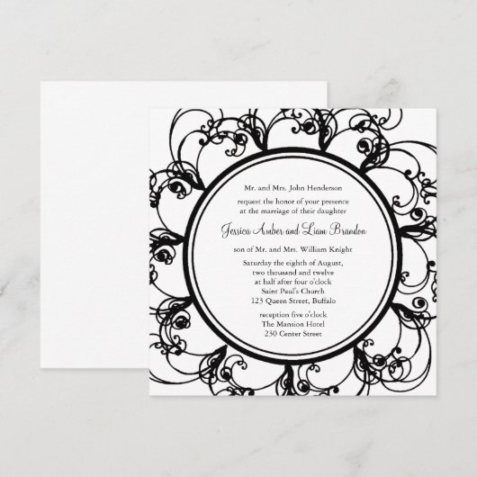 Fancy uitnodiging voor het huwelijk van Floral (zw (Voorkant / Achterkant)