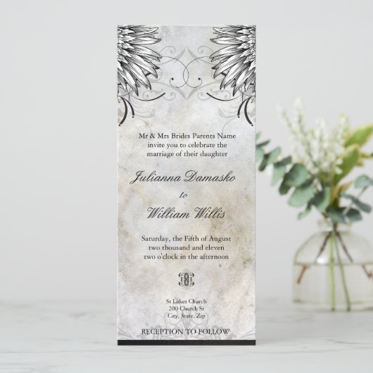 Fancy uitnodiging voor weduwschap rond stedelijk T (Staand voorkant)