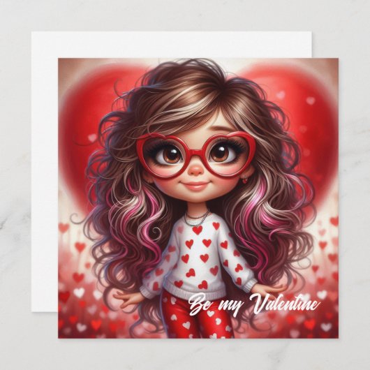 Fancy Valentijn Sassy meisje met rode hart liefde Feestdagenkaart (Voorkant / Achterkant)