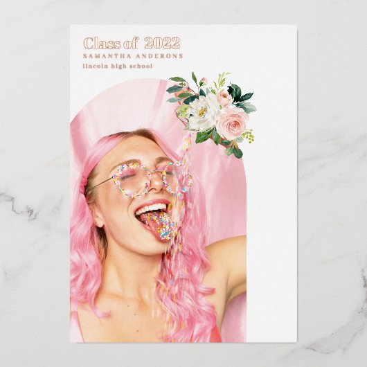 Fancy ventilatorfototoestel Afstuderen Roos Gold Folie Uitnodiging (Voorkant)