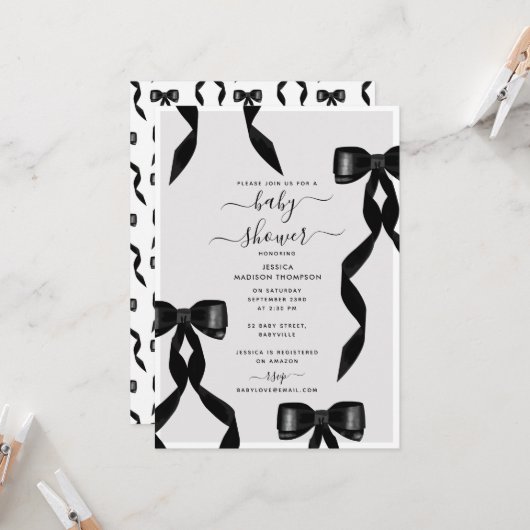 Fancy Waterverf Black Bow Formal Baby shower Kaart (Voorkant / Achterkant in situ)