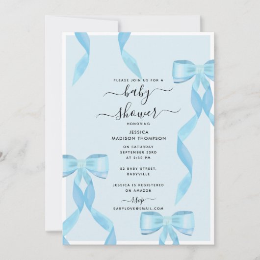 Fancy Waterverf Blue Bow Formal Baby shower Boy Kaart (Voorkant)