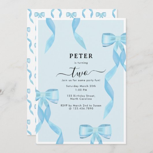 Fancy Waterverf Blue Bow Formal Kids Verjaardag Kaart (Voorkant / Achterkant)