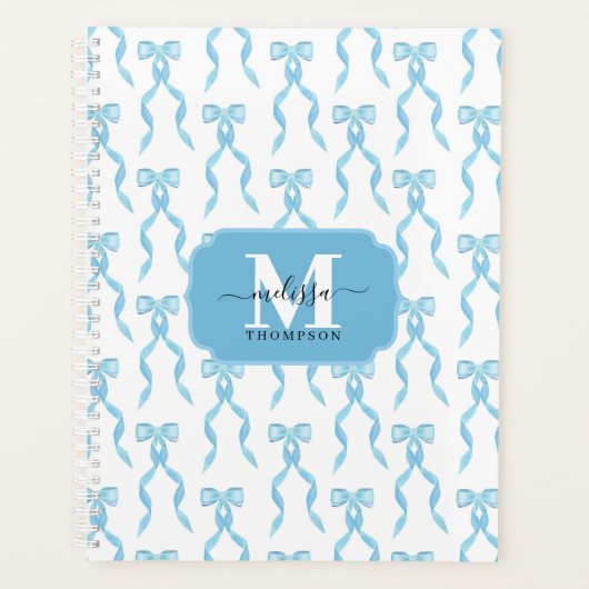Fancy Waterverf Blue Bow Monogrammed Wedding Planner (Voorkant)