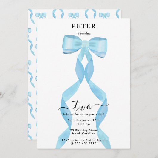 Fancy Waterverf Blue Bow Verjaardag Kaart (Voorkant / Achterkant)