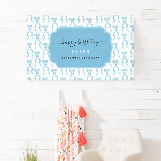 Fancy Waterverf Blue Bow Verjaardag Spandoek (Insitu)