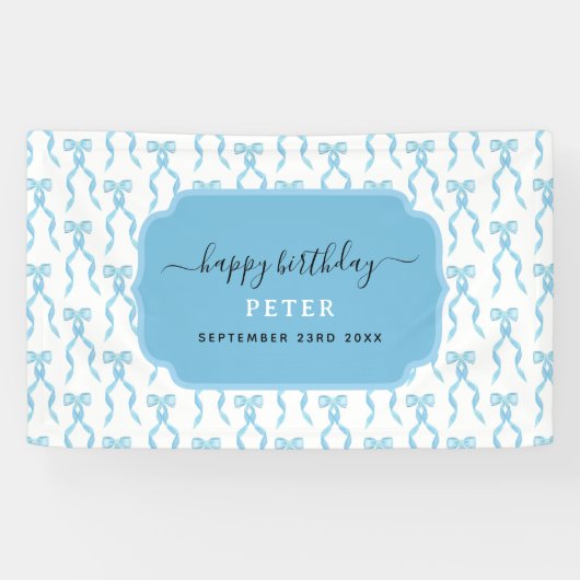 Fancy Waterverf Blue Bow Verjaardag Spandoek (Horizontaal)