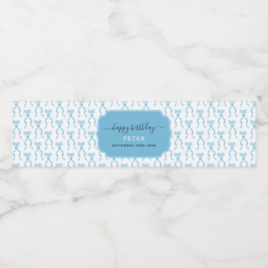 Fancy Waterverf Blue Bow Verjaardag Waterfles Etiket (Enkel label)