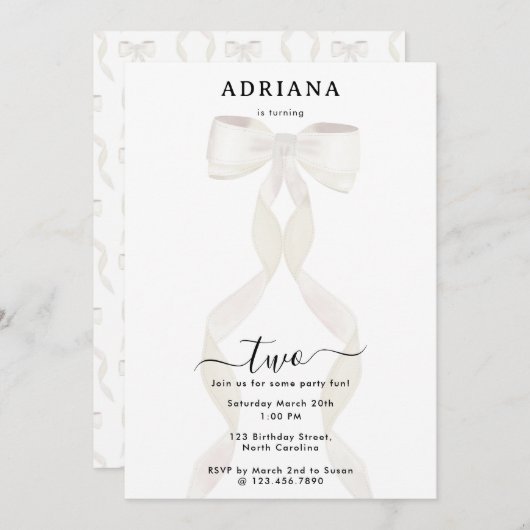 Fancy Waterverf White Bow Formal Birthday Kaart (Voorkant / Achterkant)