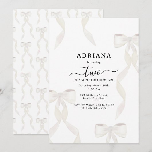 Fancy Waterverf White Bow Formal Kids Verjaardag Kaart (Voorkant / Achterkant)