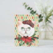 Fancy White Cat & Poinsettia Holiday Briefkaart (Staand voorkant)