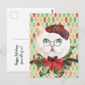 Fancy White Cat & Poinsettia Holiday Briefkaart (Voorkant / Achterkant)
