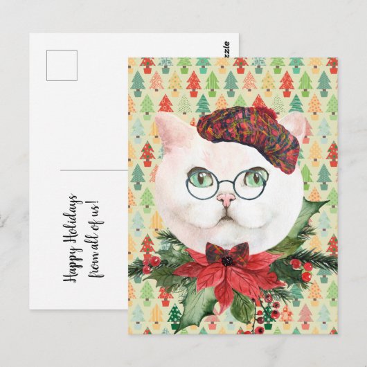 Fancy White Cat & Poinsettia Holiday Briefkaart (Voorkant / Achterkant)