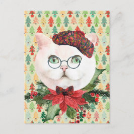 Fancy White Cat & Poinsettia Holiday Briefkaart