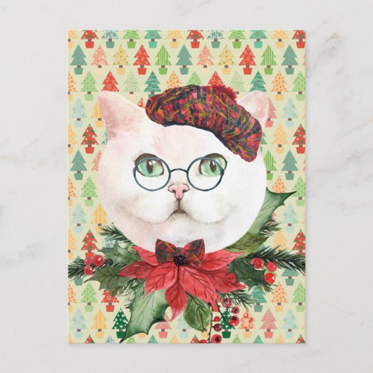 Fancy White Cat & Poinsettia Holiday Briefkaart (Voorkant)