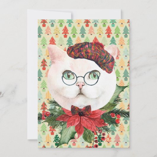 Fancy White Cat & Poinsettia Holiday Kaart (Voorkant)