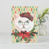 Fancy White Cat & Poinsettia Holiday Kaart (Staand voorkant)