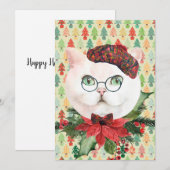 Fancy White Cat & Poinsettia Holiday Kaart (Voorkant / Achterkant)