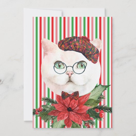 Fancy White Cat & Poinsettia Holiday Kaart (Voorkant)