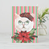 Fancy White Cat & Poinsettia Holiday Kaart (Staand voorkant)