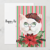 Fancy White Cat & Poinsettia Holiday Kaart (Voorkant / Achterkant)