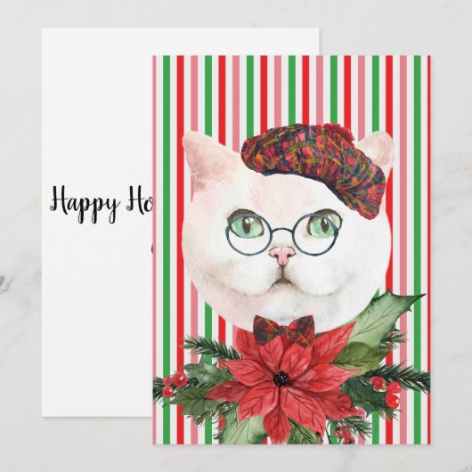 Fancy White Cat & Poinsettia Holiday Kaart (Voorkant / Achterkant)