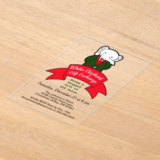 Fancy White Elephant-kerstcadeauuitwisseling Acryl Uitnodigingen (Laagn)