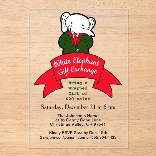 Fancy White Elephant-kerstcadeauuitwisseling Acryl Uitnodigingen (Voorkant)