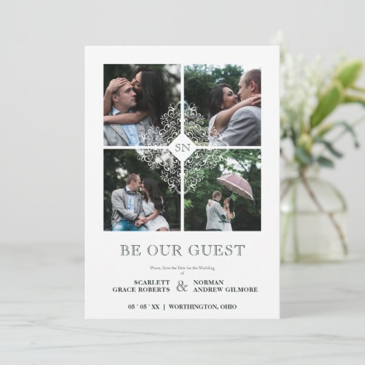 Fancy White Flourish Lace Effect 4 Photos Wedding  Save The Date (Staand voorkant)