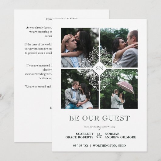 Fancy White Flourish Lace Effect 4 Photos Wedding  Save The Date (Voorkant / Achterkant)