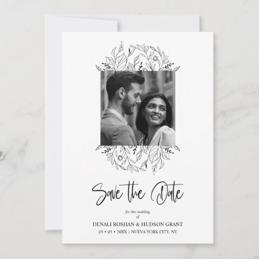Fancy Wildflowers Black & White Photo Wedding Save The Date (Voorkant)