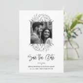 Fancy Wildflowers Black & White Photo Wedding Save The Date (Staand voorkant)